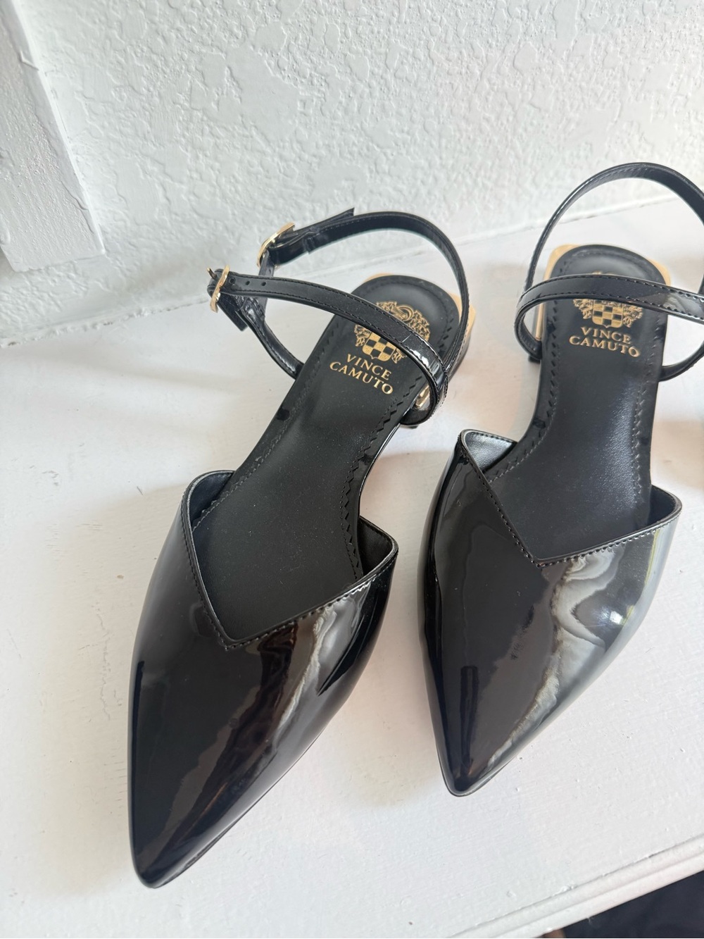 Vince Camuto Black Patent Pointed Slingback Flats with Gold Buckles